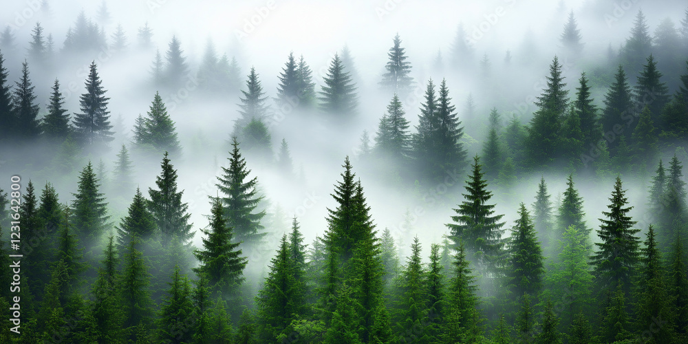 Fototapeta premium Misty Pine Forest with Foggy Atmosphere