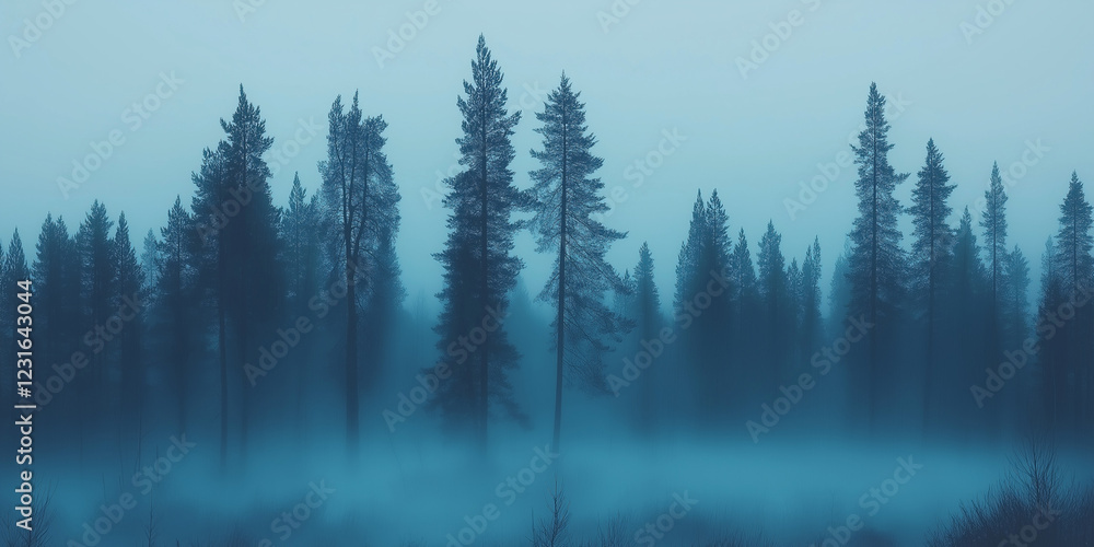 Fototapeta premium Misty Pine Forest with Foggy Atmosphere