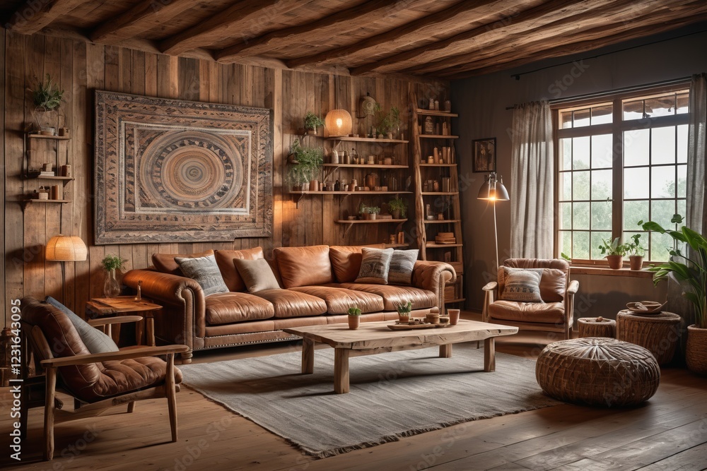 Fototapeta premium Modern living room with wooden floor and stylish rustic furniture in a cozy home