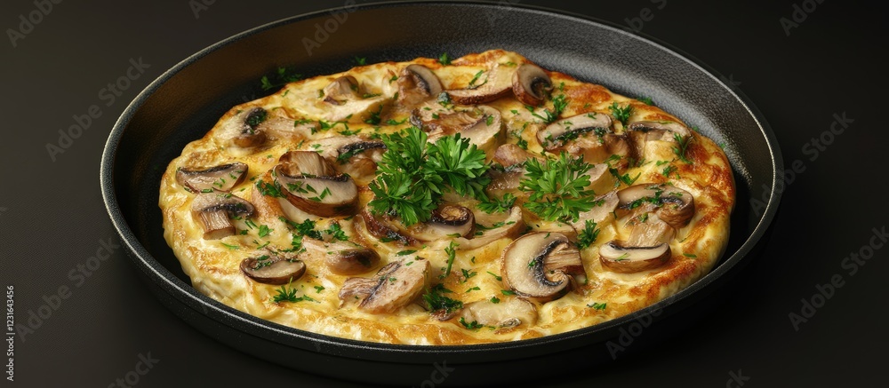 Delicious mushroom omelette in a black skillet garnished with fresh herbs against a dark background showcasing earthy tones and textures. Delicious mushroom omelette in a black skillet garnished with fresh herbs against a dark background showcasing earthy tones and textures.