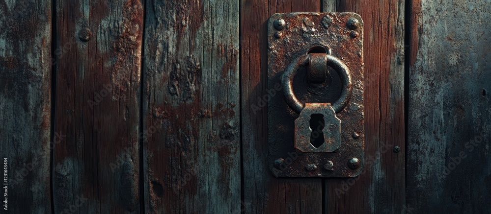 Rusty iron lock on a weathered brown wooden door highlighted by intricate details and unique charm with a dark textured background Rusty iron lock on a weathered brown wooden door highlighted by intricate details and unique charm with a dark textured background