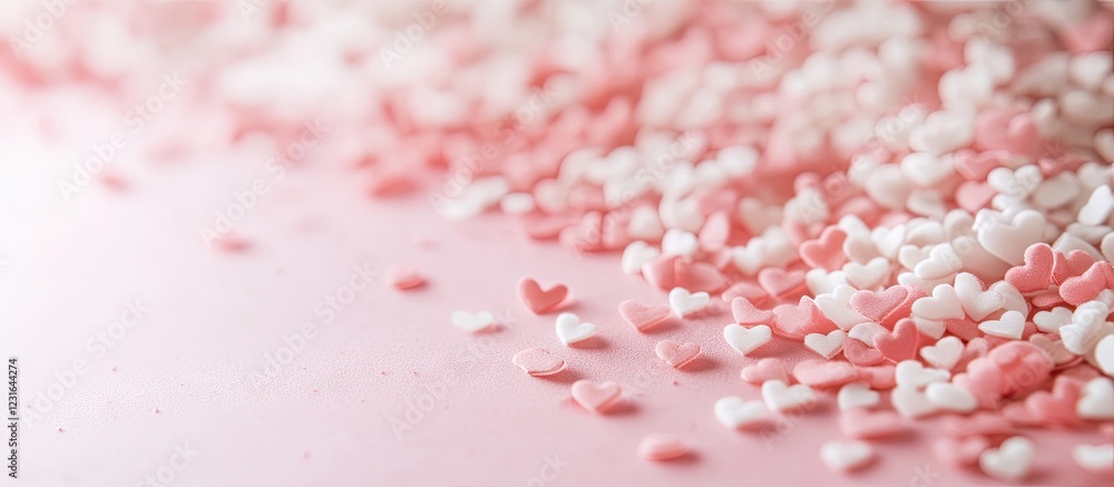 Scattered pink and white heart-shaped confetti on a soft pink background creating a whimsical display ideal for Valentine's Day celebrations Scattered pink and white heart-shaped confetti on a soft pink background creating a whimsical display ideal for Valentine's Day celebrations