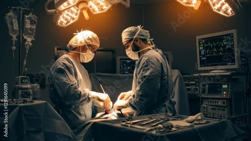 Surgical Team Performing Operation Under Bright Overhead Lights in Hospital Setting photo