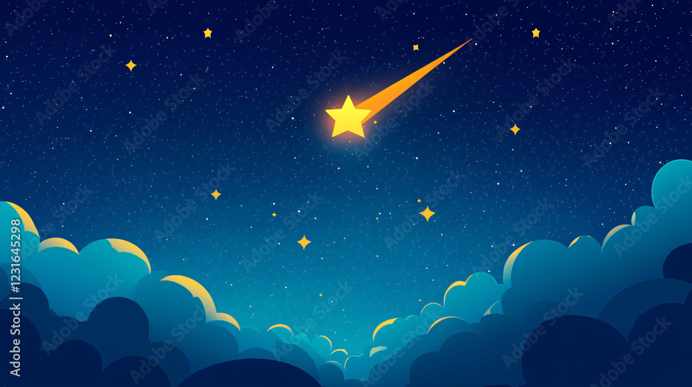 Fototapeta premium A golden star-shaped meteor streaks across a stylized night sky with glowing smaller stars above soft blue clouds in a whimsical scene 