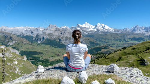 Woman meditates on mountaintop, scenic alps view photo