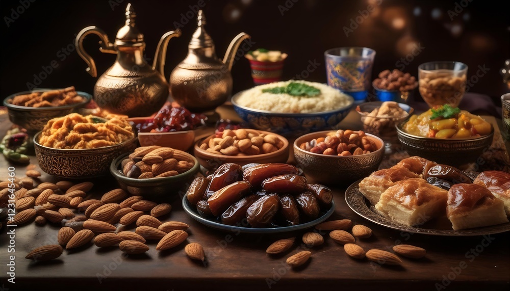 Fototapeta premium Sumptuous Spread Of Traditional Arabic Food Served During Ramadan Featuring Dates and Almonds