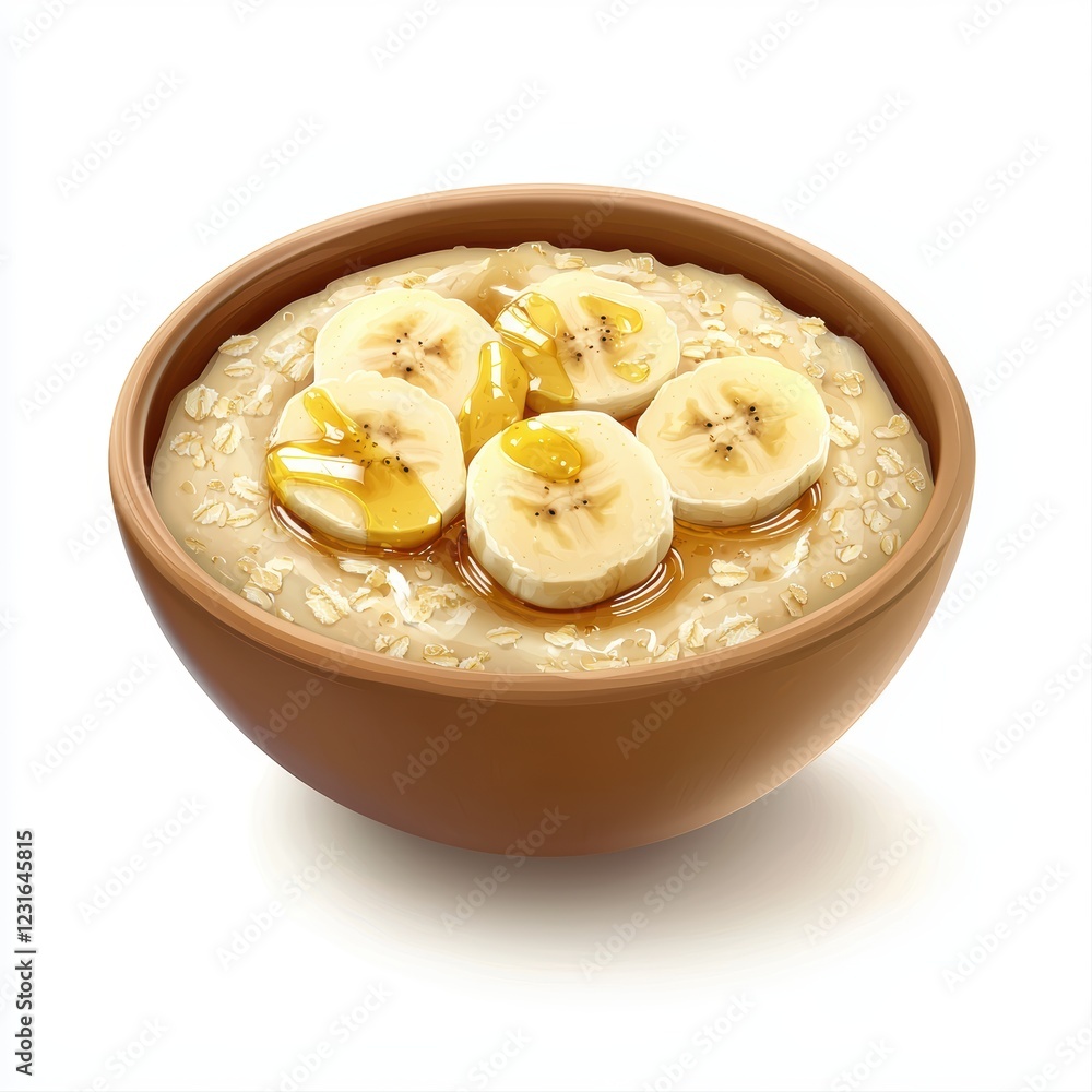 Bowl of oatmeal with banana slices and honey, placed on a bright white background Bowl of oatmeal with banana slices and honey, placed on a bright white background
