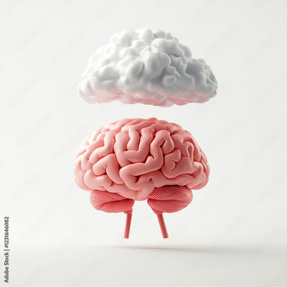 Brain with a storm cloud above it symbolizing stress, centered on a clean white background Brain with a storm cloud above it symbolizing stress, centered on a clean white background