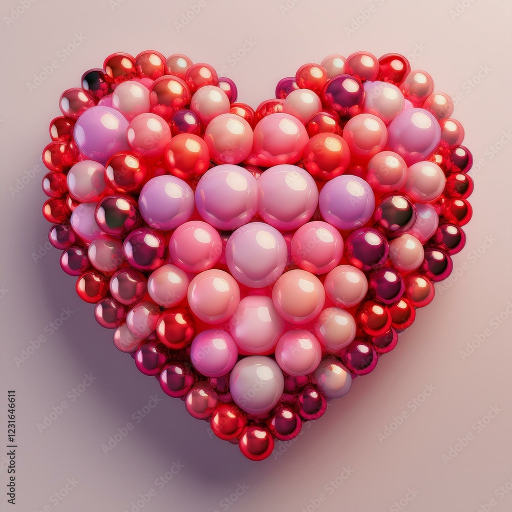 3D Render of a Heart Shape Made from Multicolored Spheres: Pink, Red Glass, and Red Metallic Ornaments. 3D Render of a Heart Shape Made from Multicolored Spheres: Pink, Red Glass, and Red Metallic Ornaments.