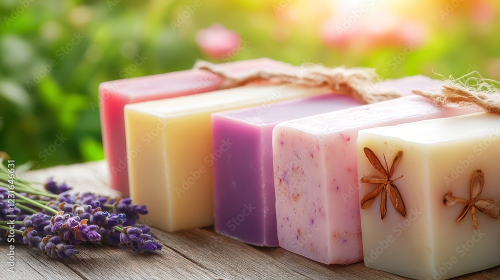 Vibrant Natural Soaps with Lavender on Wooden Table in Garden Setting Vibrant Natural Soaps with Lavender on Wooden Table in Garden Setting