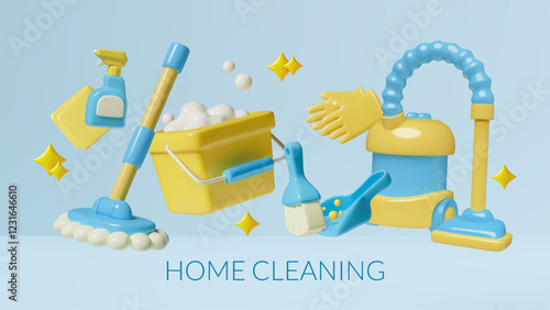 Home cleaning tools and supplies 3d vector background. Cleaning services and products concept three dimensional realistic banner design.