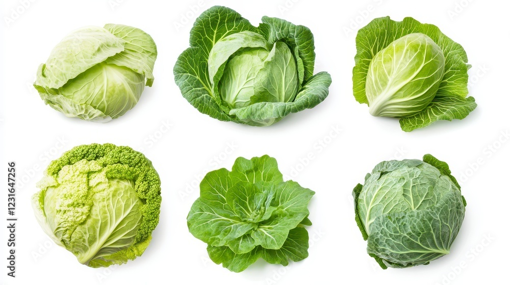 Fresh Varieties of Cabbage and Greens on White Background Display Fresh Varieties of Cabbage and Greens on White Background Display