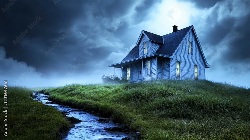 Fototapeta premium Mysterious House on Hill with Moonlit Sky and Flowing Stream