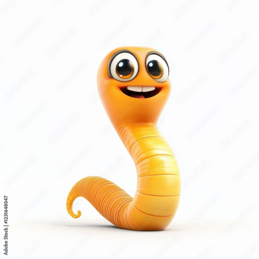 Fototapeta premium Cartoon-style happy worm with big eyes and a cute smile, placed on a bright white background