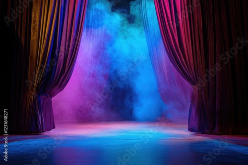 Colorful Stage Curtains Opening with Dramatic Lighting Effects for a Play, Scenic Background and Atmospheric Stage Design