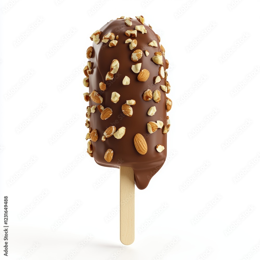 Chocolate-covered vanilla ice cream stick with crunchy nuts, isolated on a clean white background Chocolate-covered vanilla ice cream stick with crunchy nuts, isolated on a clean white background