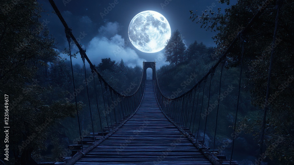 Fototapeta premium Moonlit Night, Suspension Bridge, Forest, Mystery