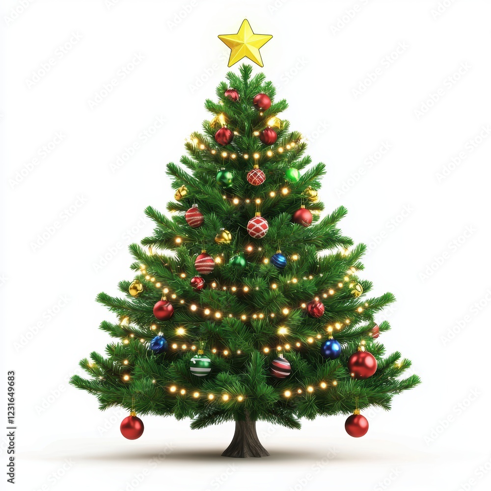 Christmas tree decorated with twinkling lights and ornaments, placed on a bright white background Christmas tree decorated with twinkling lights and ornaments, placed on a bright white background