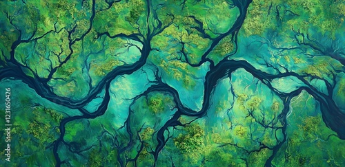Aerial View of River Delta: An abstract aerial view captures the intricate network of waterways weaving through vibrant green vegetation in a river delta.