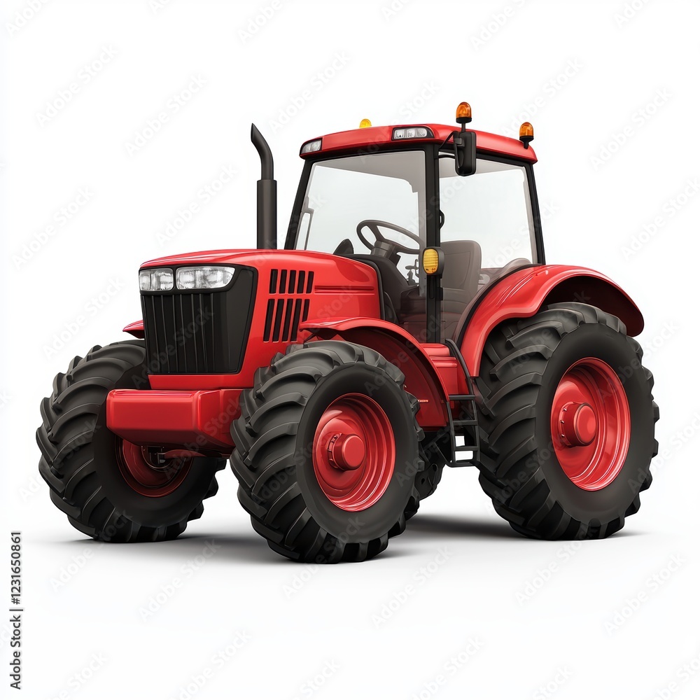Obraz premium Classic red farm tractor with large rear wheels, isolated on a clean white background