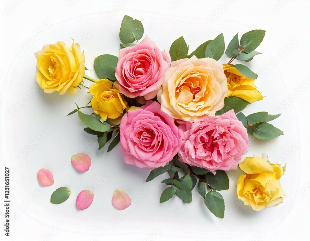Pink and yellow rose flowers with eucalyptus leaves in a corner