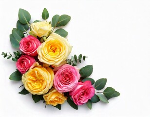 Pink and yellow rose flowers with eucalyptus leaves in a corner