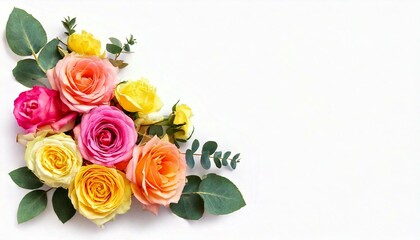 Pink and yellow rose flowers with eucalyptus leaves in a corner