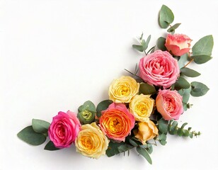 Pink and yellow rose flowers with eucalyptus leaves in a corner