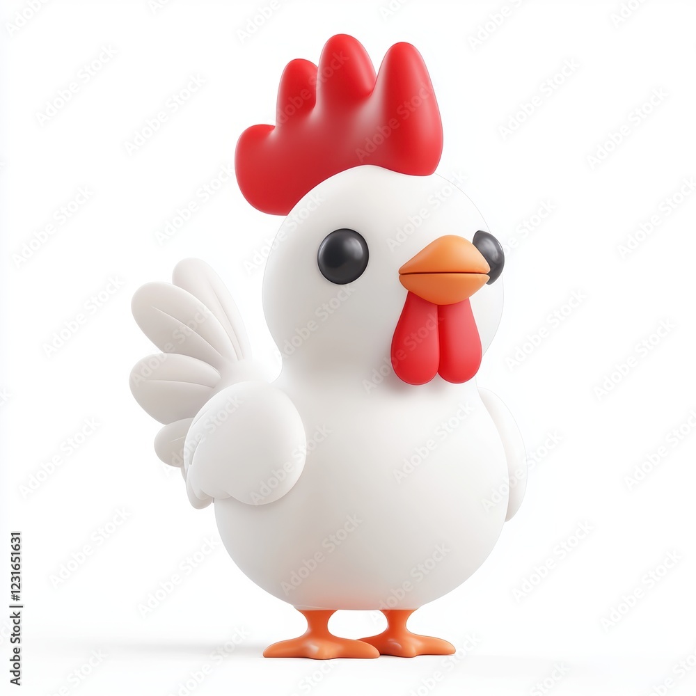 Classic white farm chicken standing with a bright red comb, isolated on a clean white background
