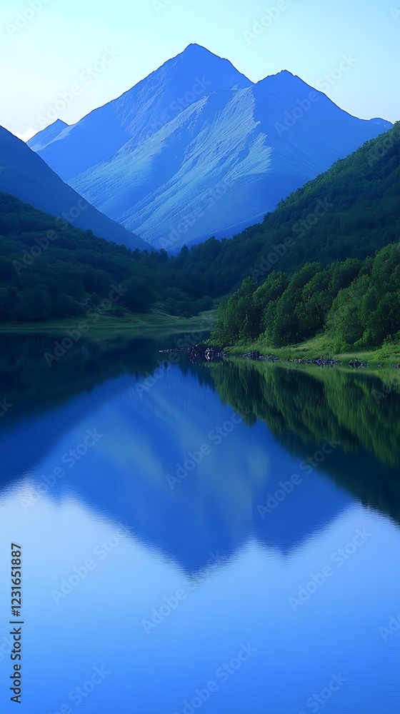 Serene mountain lake reflection at dawn Serene mountain lake reflection at dawn