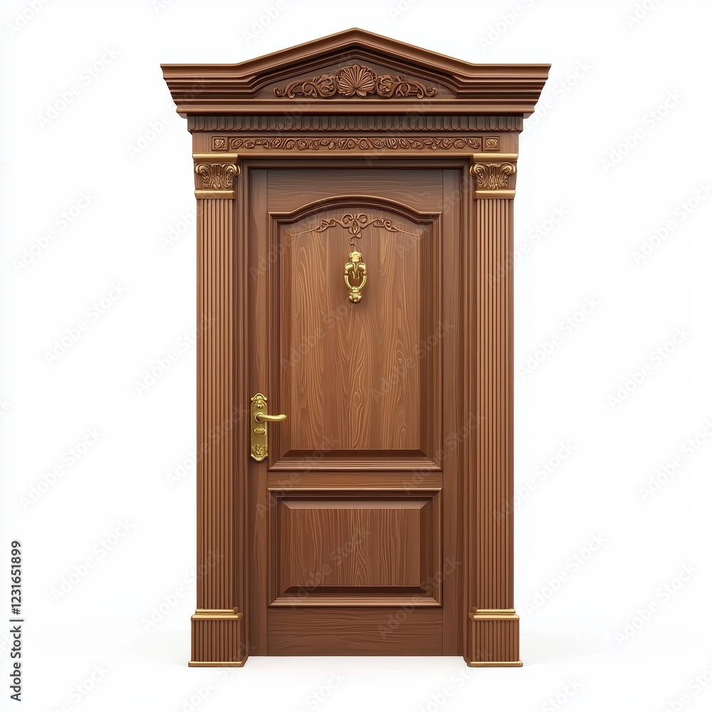 classic wooden door with a golden handle and intricate carvings, isolated on a clean white background classic wooden door with a golden handle and intricate carvings, isolated on a clean white background
