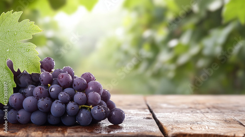Ripe Red Grapes on Rustic Wood: A close-up of a cluster of plump, juicy red grapes, glistening with dew, rests on a rustic wooden table. The image captures the essence of a vineyard.