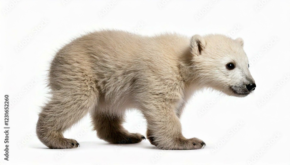 Generated image Polar bear cub, Ursus maritimus, 3 months old, walking against white Generated image Polar bear cub, Ursus maritimus, 3 months old, walking against white