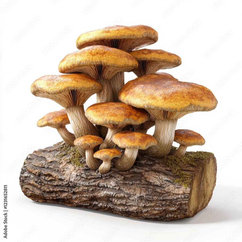 cluster of wild mushrooms growing on a log, centered on a clean white background