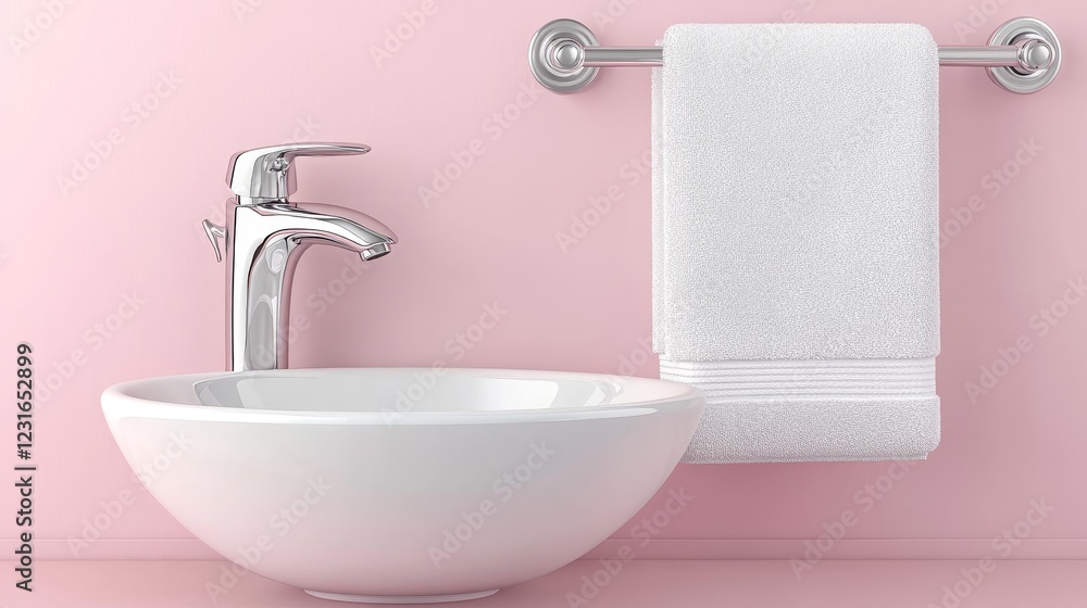 Fototapeta premium Pink Minimalist Bathroom Chrome Faucet, White Sink, Towel, 3D Render, Bathroom Design Bathroom Design, 3D Rendering