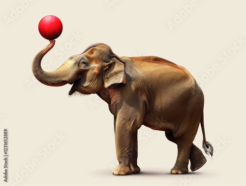 An elephant skillfully balances a red ball on its trunk against a light background. Elephant’s Ephemeral Equilibrium, Paradox of Balance photo