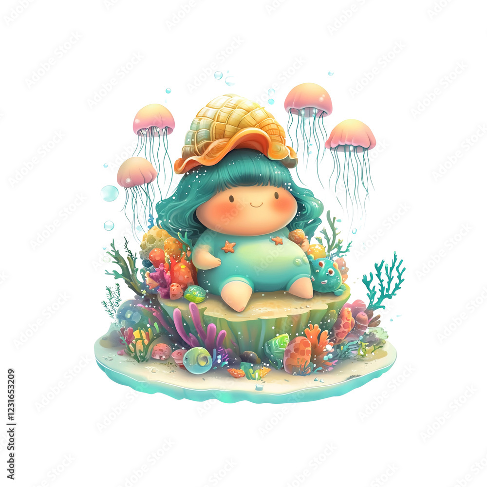 Fototapeta premium Adorable Sea Creature Girl Sitting on Coral Reef Surrounded by Jellyfish