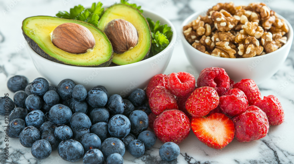 Fresh berries, walnuts, and avocados arranged on marble surface create vibrant and healthy snack option. This colorful display is perfect for nutritious diet Fresh berries, walnuts, and avocados arranged on marble surface create vibrant and healthy snack option. This colorful display is perfect for nutritious diet