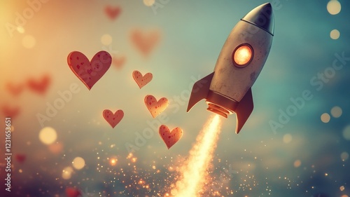 Rocket launching love a whimsical journey through hearts and glowing trails in a dreamy sky