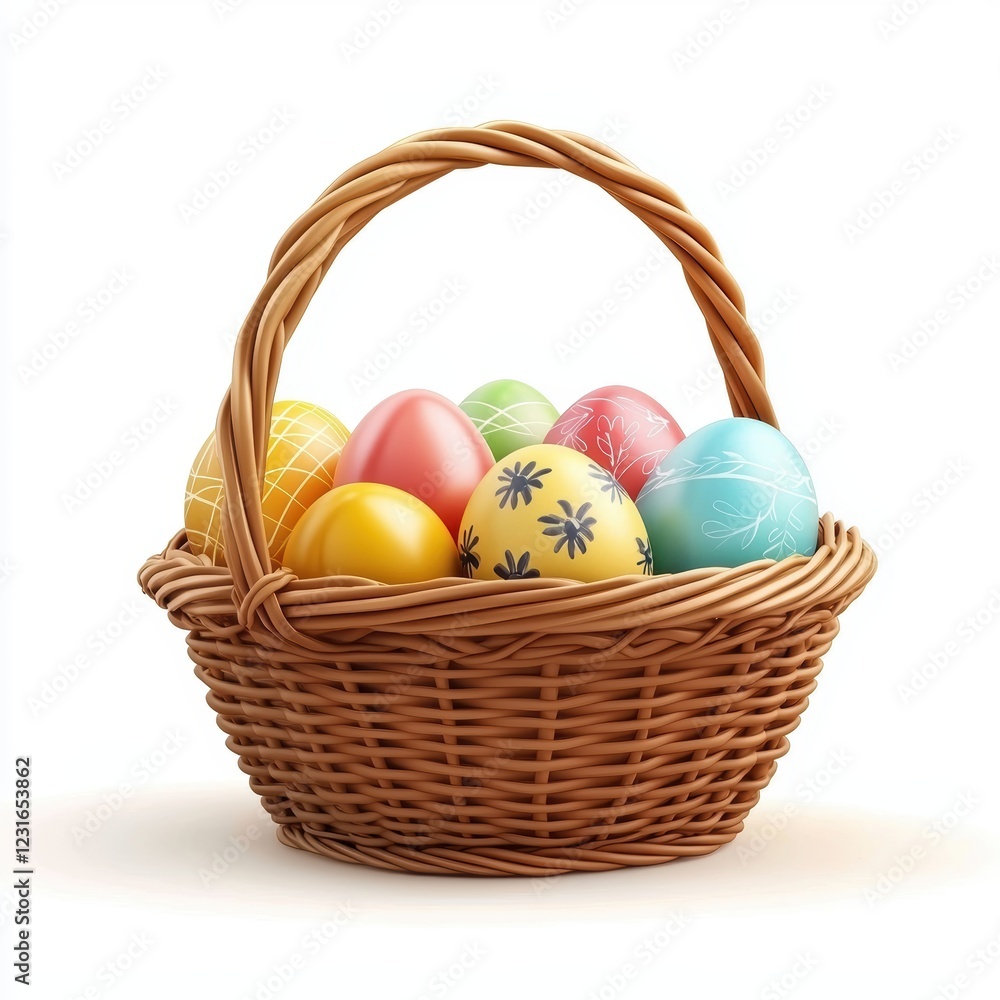 Colorful Easter egg basket with painted eggs, isolated on a clean white background Colorful Easter egg basket with painted eggs, isolated on a clean white background