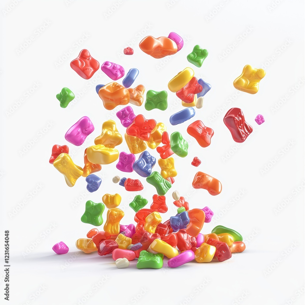 Colorful gummy bears in a playful scattered arrangement, placed on a bright white background Colorful gummy bears in a playful scattered arrangement, placed on a bright white background