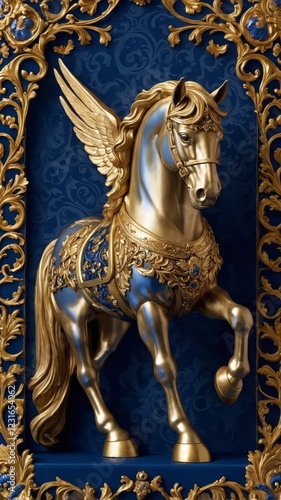 A royal vintage coat of arms featuring a majestic blue and golden horse with intricately detailed wings. This emblem symbolizes strength, nobility, and heritage, embodying timeless elegance and power
