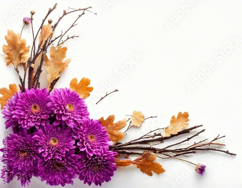Purple chrysanthemum flowers and autumn dry twigs in a corner