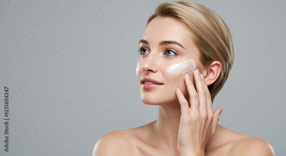 Woman applying skincare cream on her face. Skincare beauty routine with cream application Woman applying skincare cream on her face. Skincare beauty routine with cream application