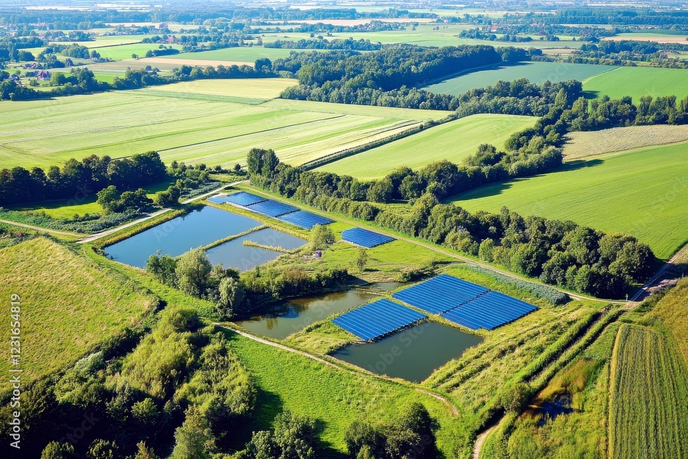 Naklejka premium Aerial View of Green Landscape with Solar Panels and Water Bodies in a Rural Setting