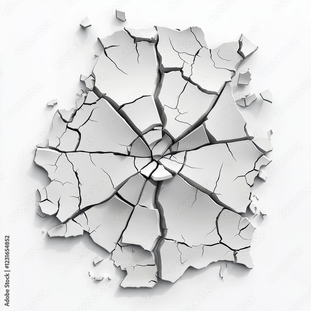 Obraz premium cracked wall with pieces slightly separated, centered on a clean white background