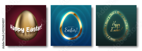 Easter greeting card with egg shape frame square social network post template set. Happy Easter, Christ He is risen lettering. Red, blue, green background with gold easter egg greeting card post