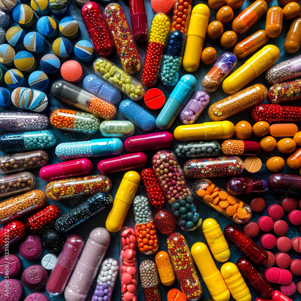 Pills, tablets and capsules assembled in form of abstract bright pattern. This hodgepodge of colors and shapes creates original visual effect, demonstrating incredible variety of medicines. Background Pills, tablets and capsules assembled in form of abstract bright pattern. This hodgepodge of colors and shapes creates original visual effect, demonstrating incredible variety of medicines. Background