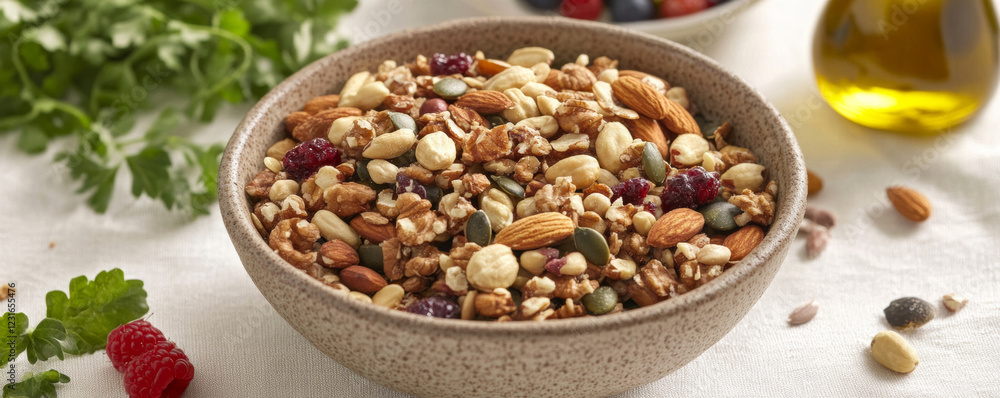 bowl of mixed nuts and seeds with dried fruits, surrounded by fresh greens and olive oil, creating healthy and vibrant snack option bowl of mixed nuts and seeds with dried fruits, surrounded by fresh greens and olive oil, creating healthy and vibrant snack option
