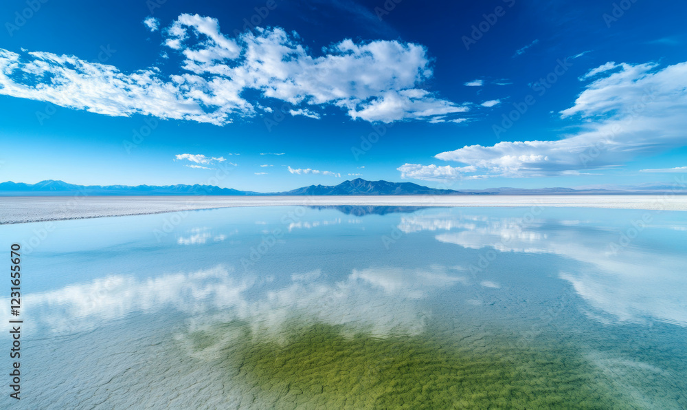 Obraz premium A tranquil lake scene, the surface of the lake is as calm as a mirror, reflecting the blue sky and white clouds and the rolling snow-capped mountains in the distance. The lake water is crystal clear, 